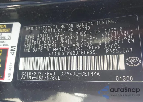 2011 Toyota Camry Le из США, поврежденный, VIN 4T1BF3EK8BU160685